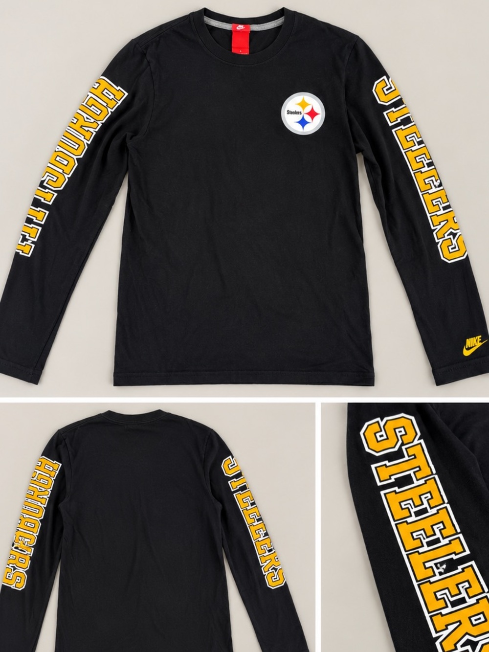 Nike Pittsburgh Steelers NFL Long Sleeve Shirt Men’s Small Black Gold Vintage